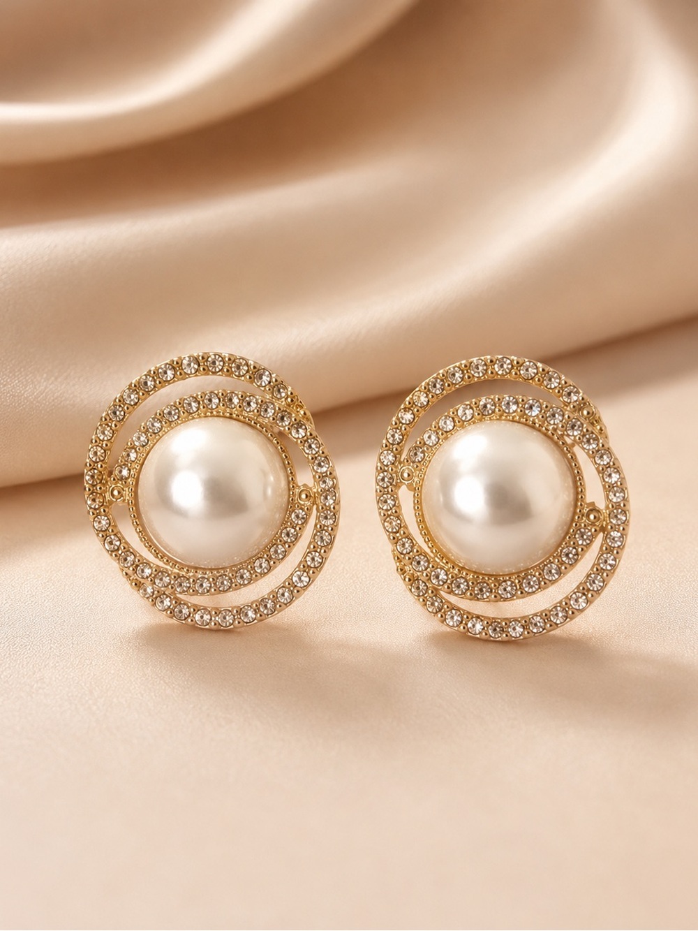 Elegant Pearl Rhinestone Stud Earrings Gold Tone Statement Jewelry